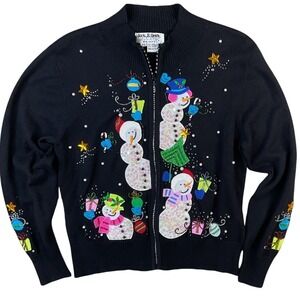 Jack B Quick Sweater Womens PM Christmas Snowman Beaded Full Zip 90s Top Vintage